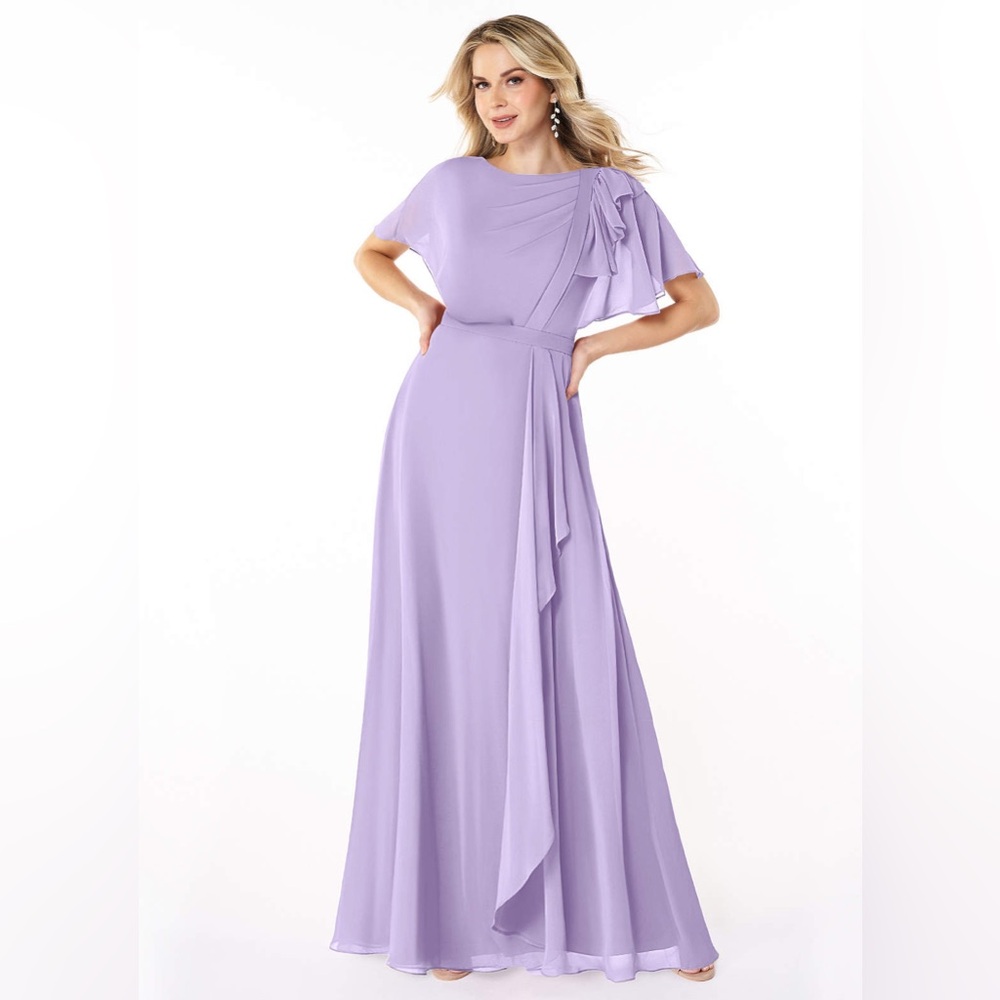 Azazie Aaliyah A-Line Scoop Pleated Chiffon Floor-Length Dress Lilac, L, Size 14